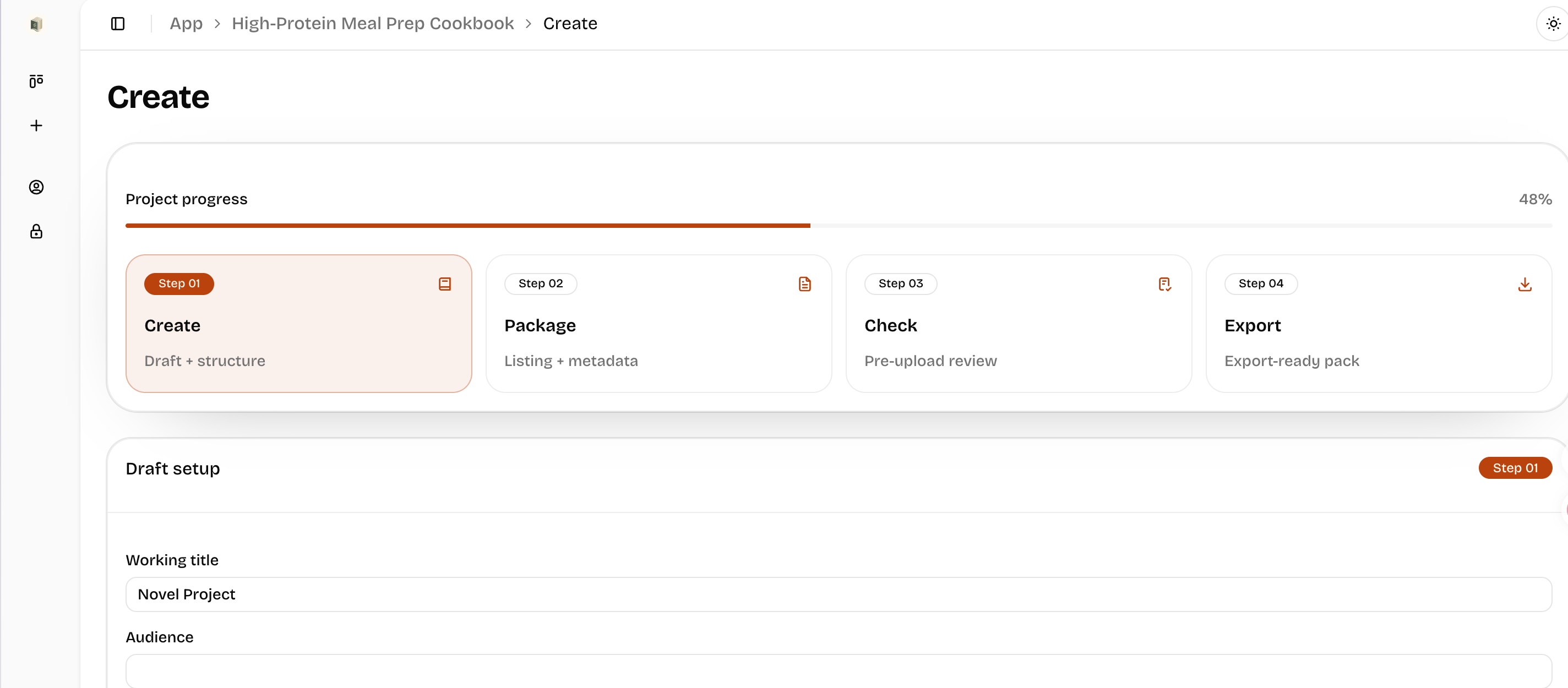 AIeBookGen app workflow showing create, package, check, and export steps inside an ebook project.
